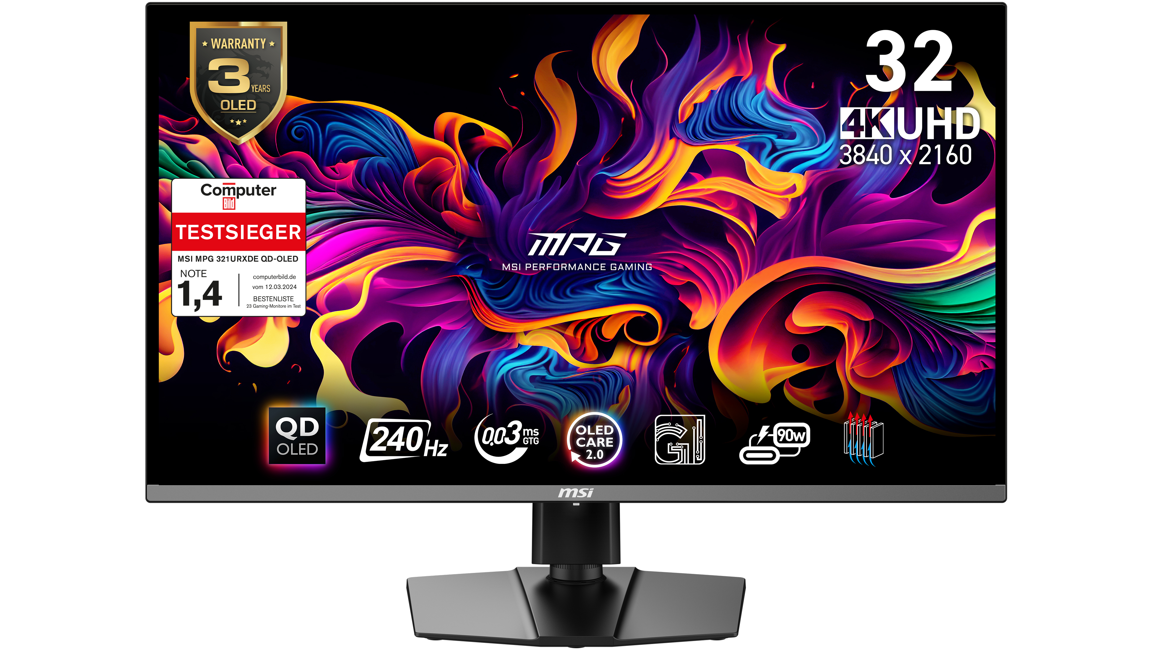 MSI MPG 321URXDE QD-OLED - OLED-Monitor - Gaming - 81.3 cm (32")(31.5" sichtbar) - 3820 x 2160 4K @ 240 Hz - 1000 cd/m² - 1500000:1 - DisplayHDR 400 True Black - 0.03 ms - 2xHDMI - DisplayPort - USB-C