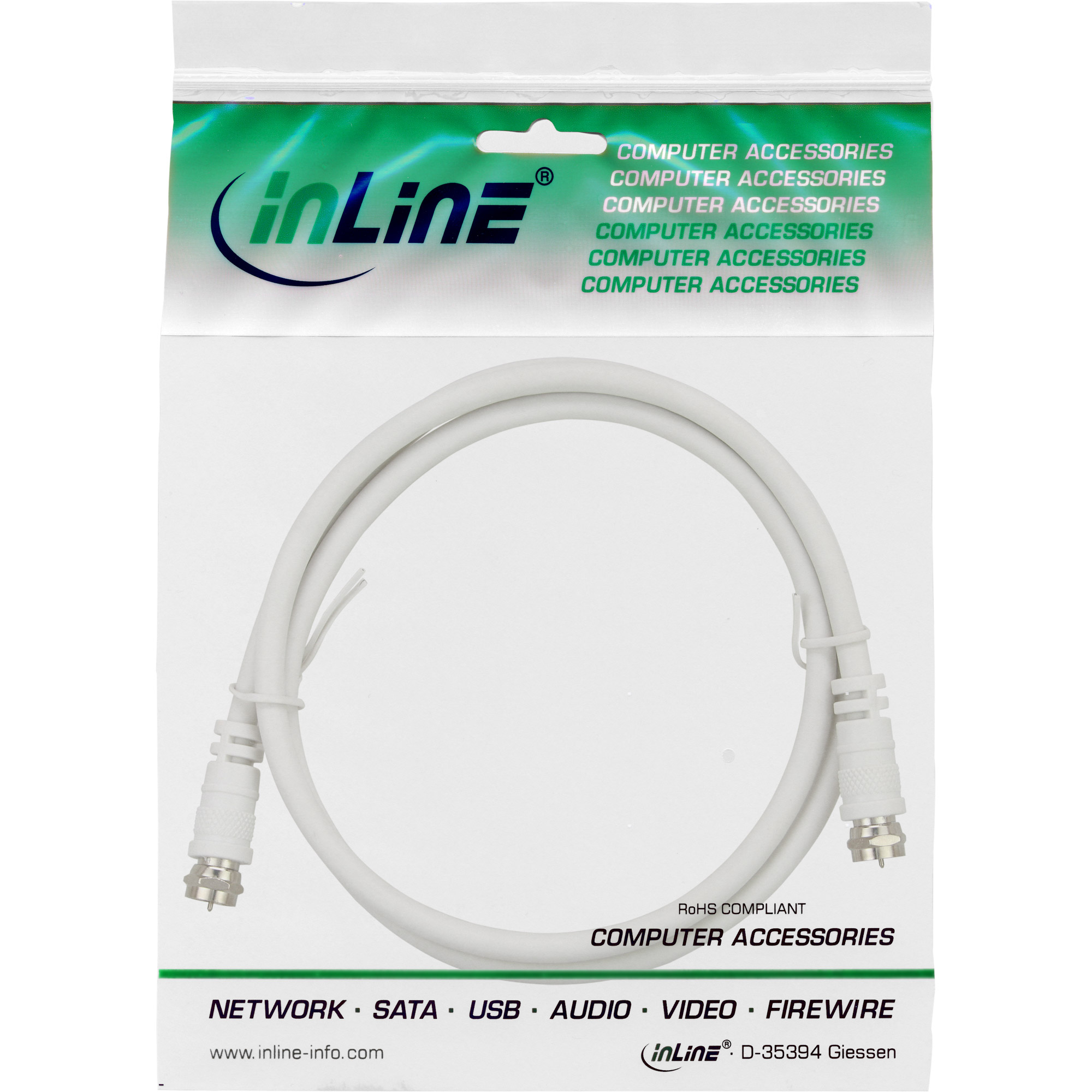 InLine SAT-Anschlusskabel - 2x geschirmt - 2x F-Stecker - >75dB - weiß - 15mzu F-Stecker männlich - 15 m - doppelt abgeschirmtes Koaxialkabel - 75 dB - weiß