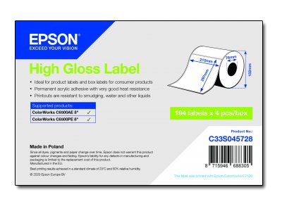 Epson Hochglänzend - permanenter Acrylklebstoff - mikroporös - weiß - A4 (210 x 297 mm)776 Etikett(en) (4 Rolle(n) x 194 gestanzte Etiketten - für ColorWorks CW-C6500Ae - CW-C6500Pe