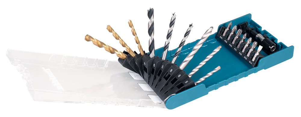 Makita D-74887, 17 Stück(e)17-teiliges Bohrer-/Bit-Set für Holz - Metall und Mauerwerk in praktischer AufbewahrungsboxDas Set besteht aus Bits in den Größen PH1 - PH2 - PH3 - PZ1 - PZ2 - PZ3 - SL5 sow