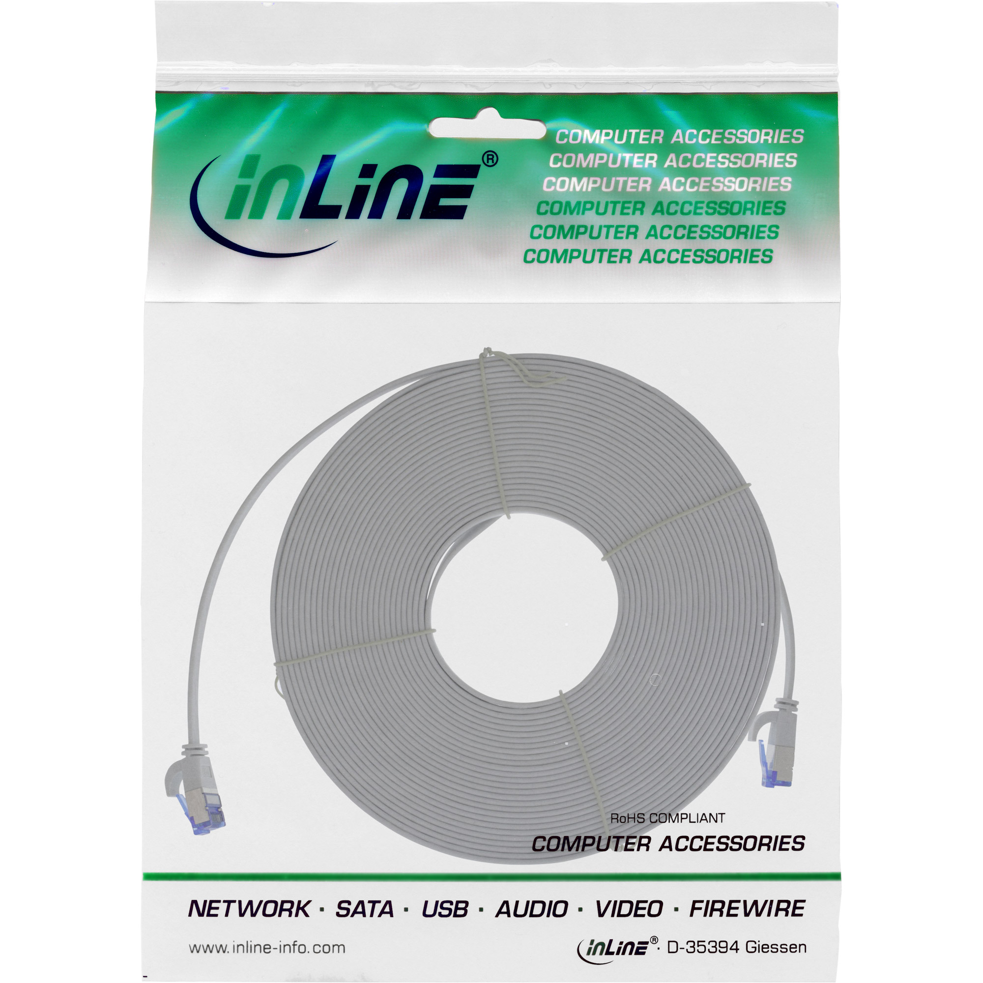 InLine Patchkabel flach - U/FTP - Cat.6A - TPE halogenfrei - grau - 5m5 m - U/FTP - PiMF - CAT 6a - halogenfrei - geformt - ohne Haken - verseilt - flach - Grau