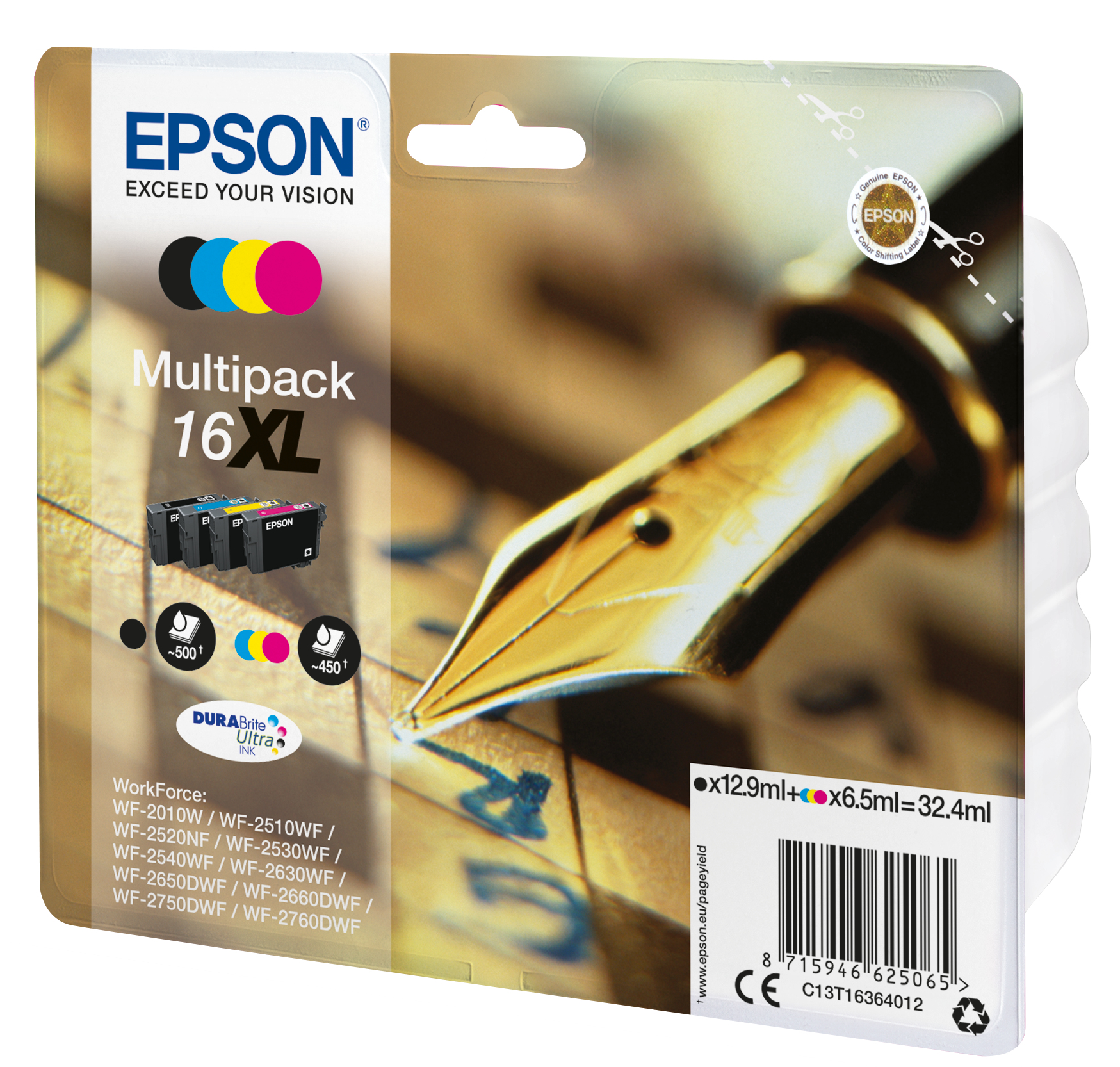 Epson 16XL Multipack - 4er-Pack - XL - SchwarzGelb - Cyan - Magenta - original - Blisterverpackung - Tintenpatrone - für WorkForce WF-2010 - 2510 - 2520 - 2530 - 2540 - 2630 - 2650 - 2660 - 2750 - 276
