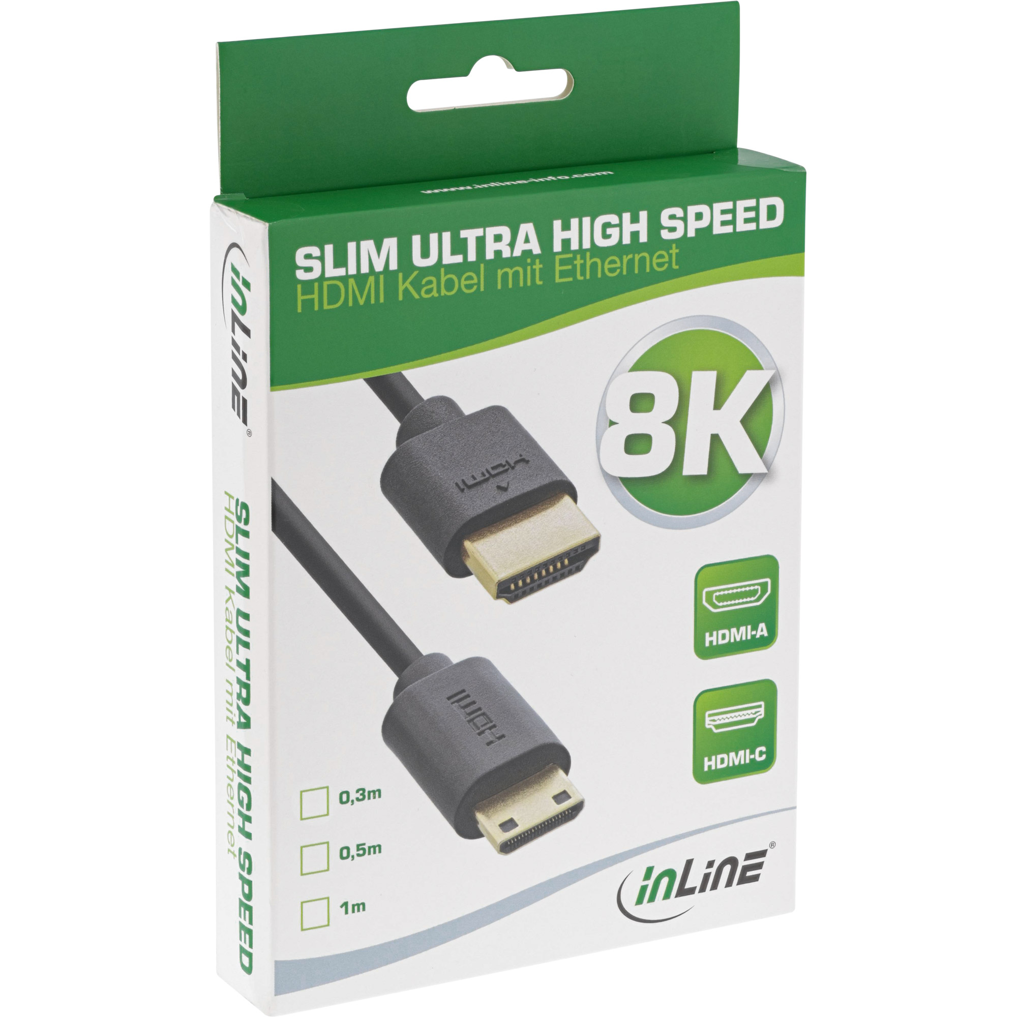 InLine Slim Ultra High Speed HDMI Kabel - 8K4K - A St. / C St. (Mini) - 0,3mHDMI männlich zu 19 pin mini HDMI Type C männlich - 30 cm - Dreifachisolierung - Schwarz - 3D-Video-Unterstützung