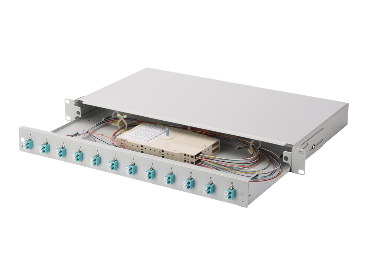 DIGITUS LWL Spleißbox, 1HE, bestückt, 12x LC DX, OM3LWL Spleißbox - 1HE - bestückt - 12x LC DX - OM3 inkl. Spleißkassette,gefärbte Pigtails - Kupplungen