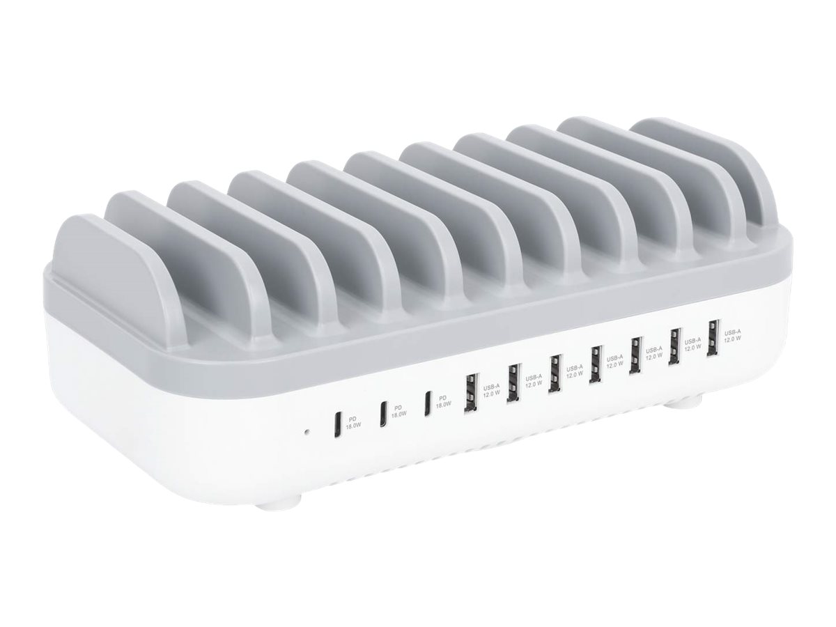 Manhattan Charging Station, 10x Ports: 3x USB-C (up to 18W PD)and 7x USB-A (up to 12W) - 120W Total Output - White/Grey -  - Box - Ladestation - Spannungsversorgung - 120 Watt - Ausgangsanschlüsse: 10