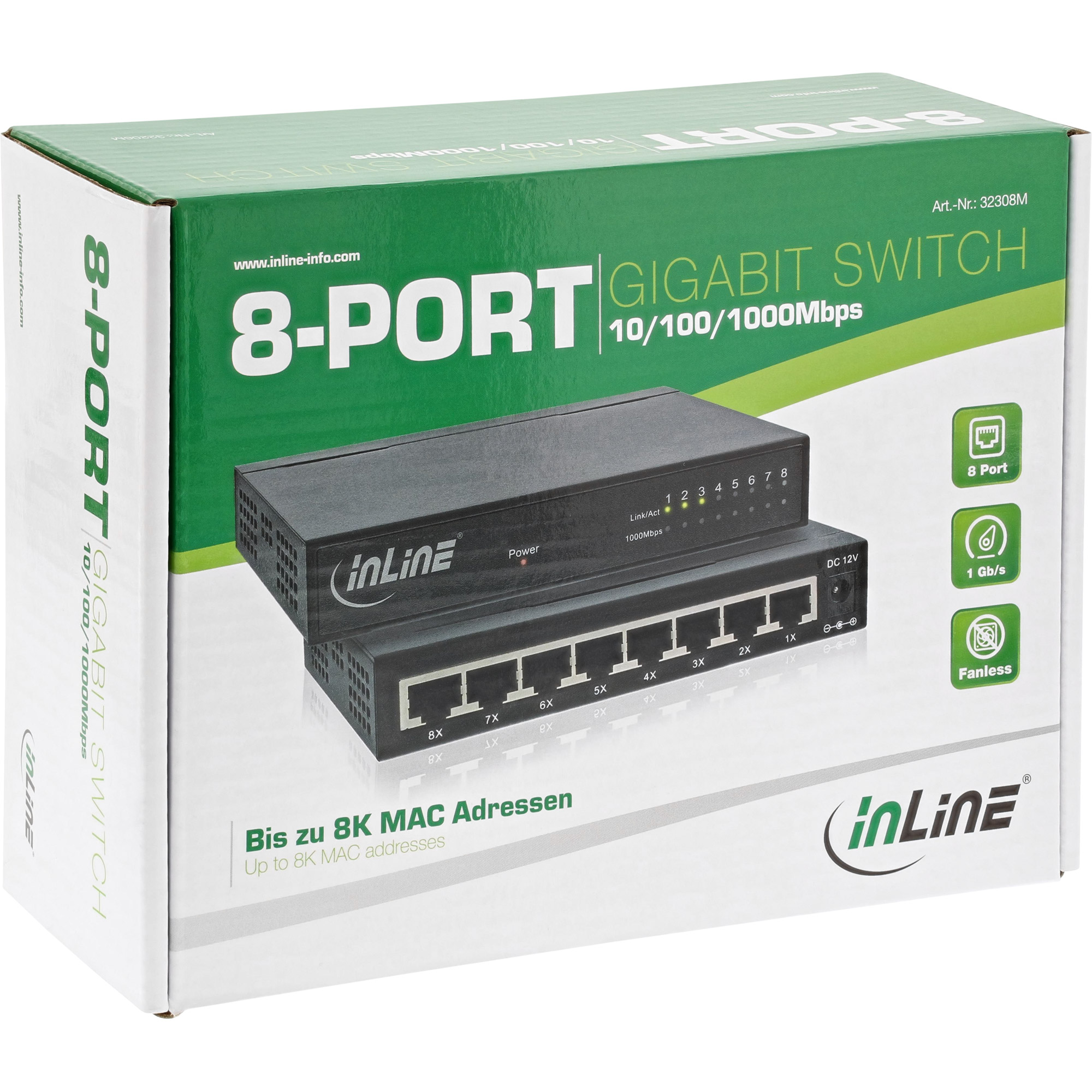 InLine 8-Port Gigabit Switch - 1 Gb/s - Desktop - Metallgehäuse - lüfterlosp