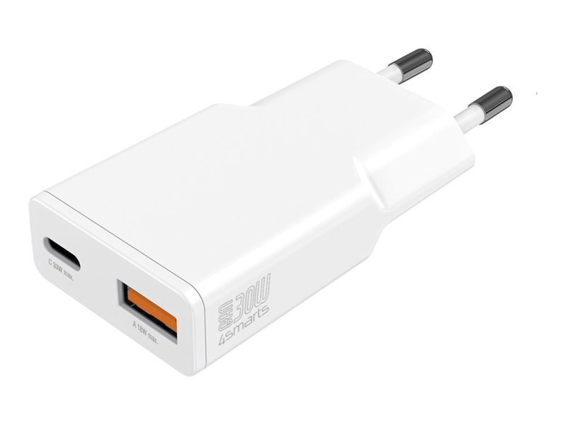 4smarts Netzteil - GaN, schlank - 30 Watt - 3 A - SCP, QC 2.0, QC 3.0, Apple 2.4A, AFC, Power Delivery 3.0 + PPS, HiSilicon Fast Charging - 2 Ausgabeanschlussstellen (USB-C, USB)