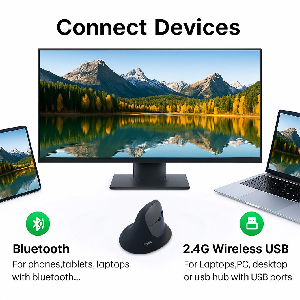 Equip Ergonomische kabellose Dual-Mode-Maus, wiederaufladbar, rechts, Vertikale Ausführung, Optisch, RF Wireless + Bluetooth, 1600 DPI, SchwarzErgonomische kabellose Dual-Mode-Maus - wiederaufladbar