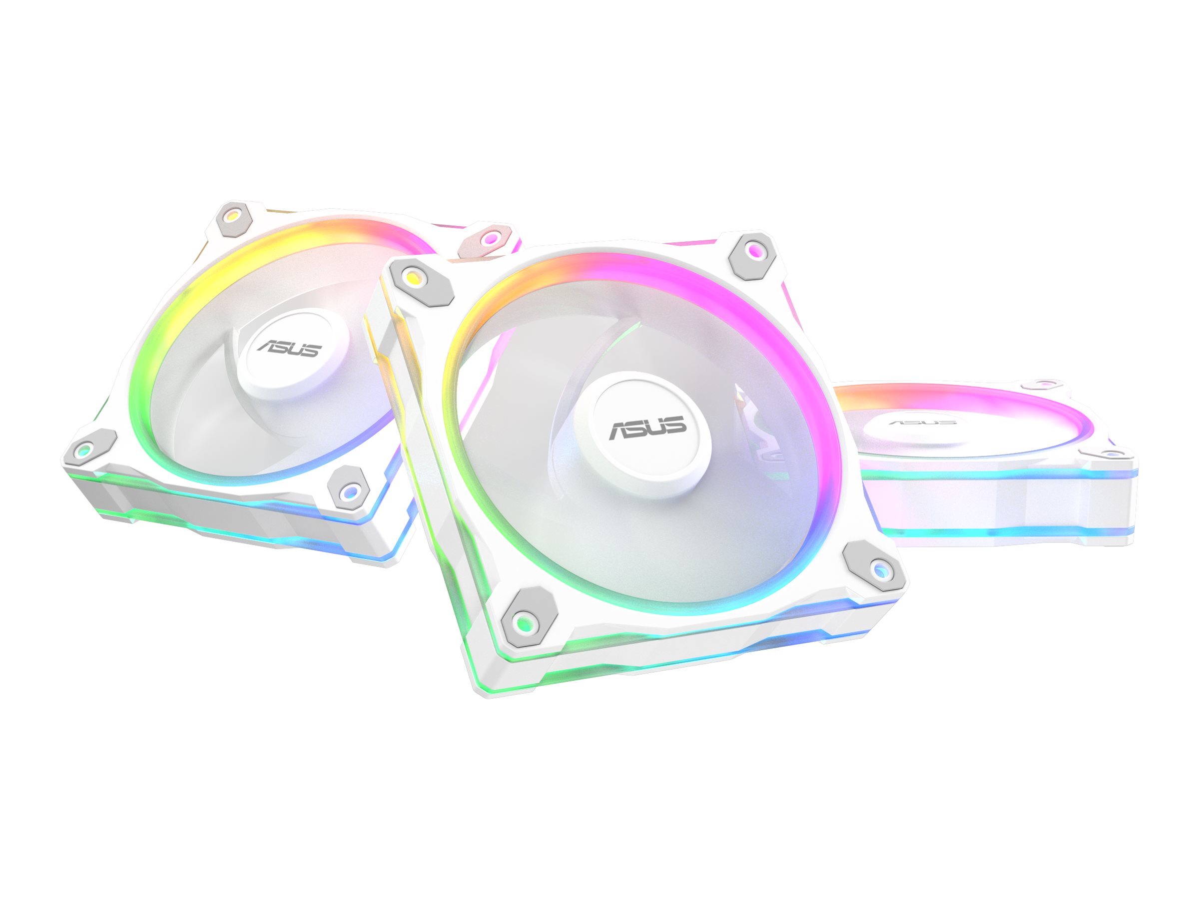 ASUS Prime MR120 - Gehäuselüfter - 120 mm - weiß (Packung mit 3)Prime MR120 White 3in1 ARGB-Gehäuselüfter 3er Pack (beidseitige Beleuchtung - 20 adressierbare RGB-LEDs - 28 mm Rahmen - PWM-Steuerung -