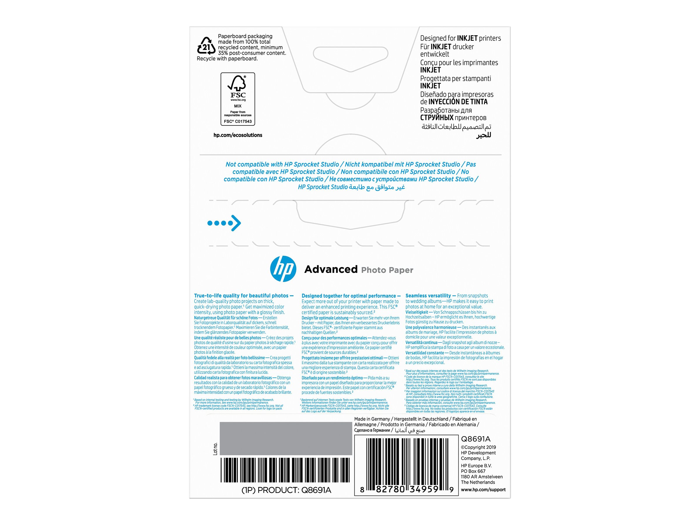 HP Advanced Glossy Photo Paper - Glänzend - 100x 150 mm - 250 g/m² - 25 Blatt Fotopapier - für ENVY Inspire 7255 - 79XX; Officejet 80XX; Photosmart B110; Smart Tank Plus 55X
