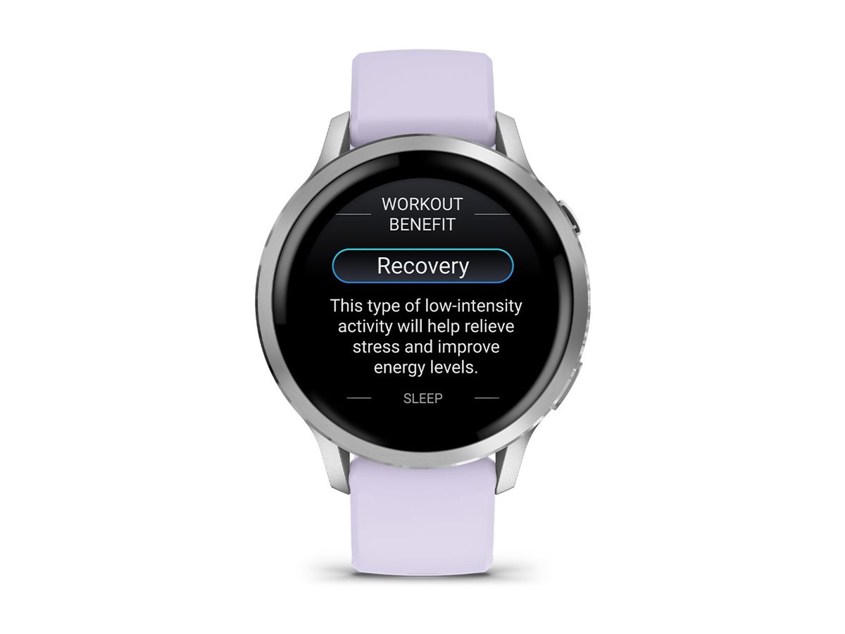 Garmin Venu 4 - 41 mm - silber - intelligente Uhr mit Band - Silikon - Periwinkle - Handgelenkgröße: 110-175 mm - Anzeige 3.04 cm (1.2")8 GB - Bluetooth - ANT+ - Wi-Fi - 33 g