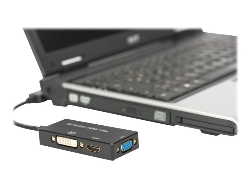 DIGITUS DisplayPort 3in1 Adapter / Konverter - DP - HDMI+DVI+VGAHDMI - DVI-D weiblich - 20 cm - Dreifachisolierung - Schwarz - geformt - 4K Unterstützung
