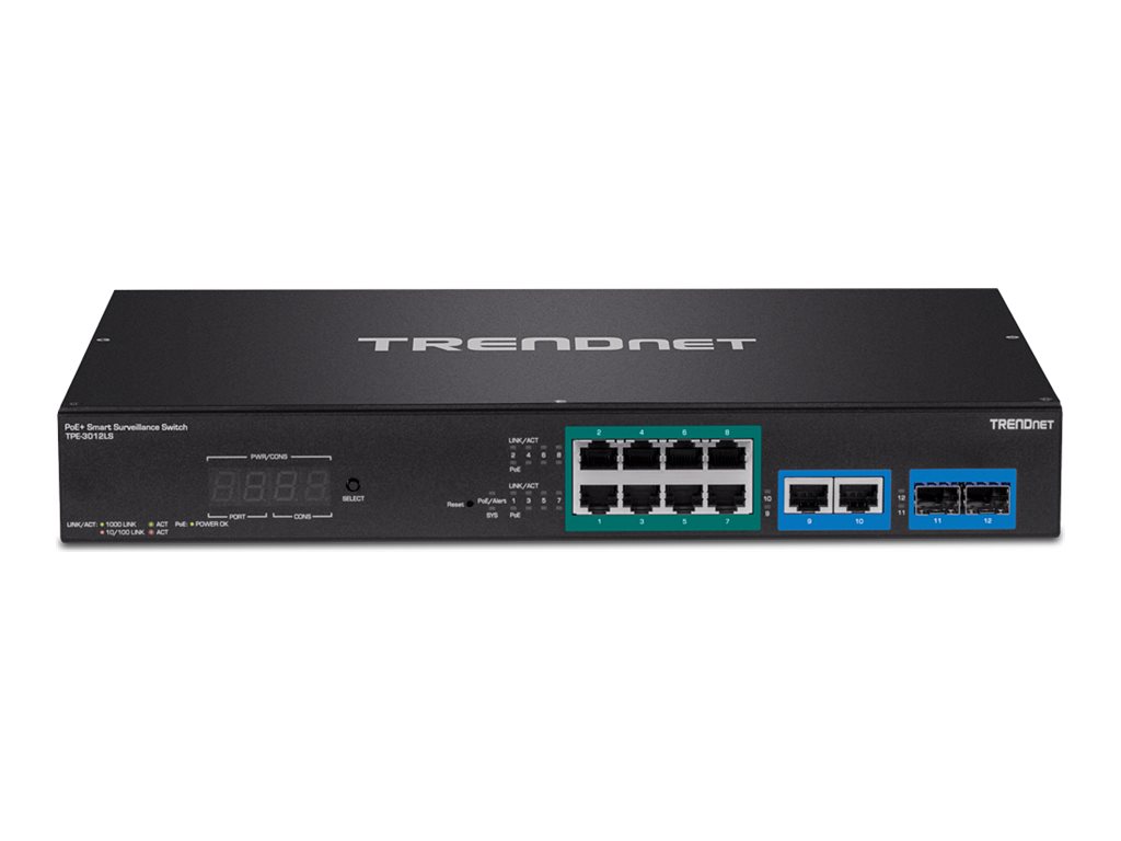 TRENDnet TPE 3012LS - Switch - Smart - 8 x 10/100/1000 (PoE+)+ 2 x Kombi-Gigabit-SFP - an Rack montierbar - PoE+ (110 W) - TAA-konform