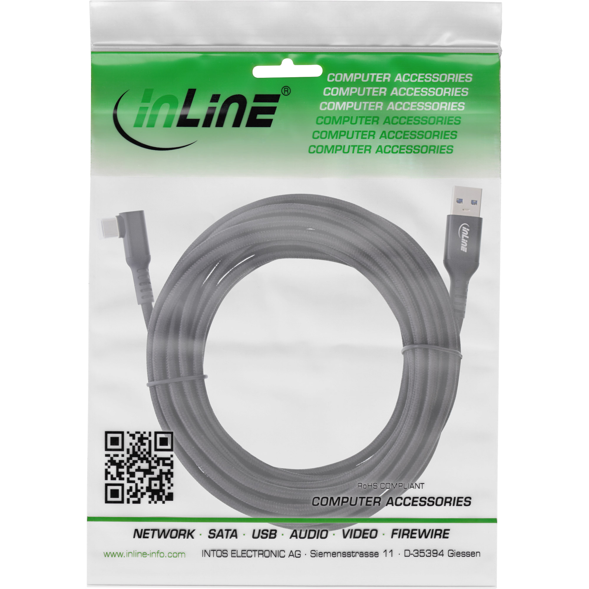 InLine USB 3.2 Gen.1 Kabel - USB-C St gewinkelt - USB-A St für VR - schwarz - 5mgewinkelt - USB 3.2 Gen 1 - 20 V - 3 A - 5 m - up to 5 Gbps data transfer rate - braided - Schwarz