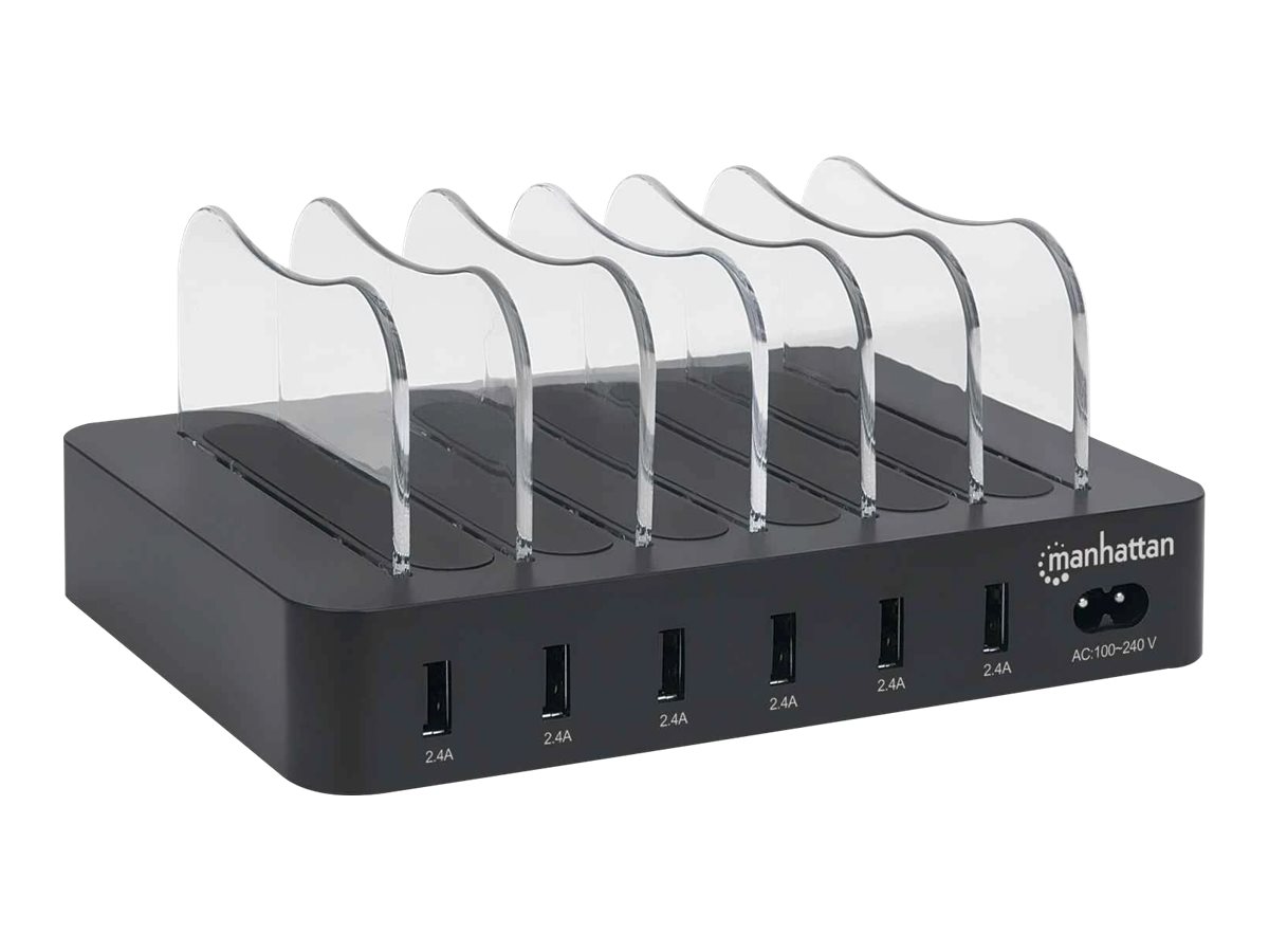 Manhattan Charging Station, 6x USB-A Ports, Outputs: 6x 2.4A, Smart IC, LED Indicator Lights, Black, , Box - Ladestation - 50 Watt - 2.4 A - 6 Ausgabeanschlussstellen (USB)6-Port USB-Ladestation - Sec
