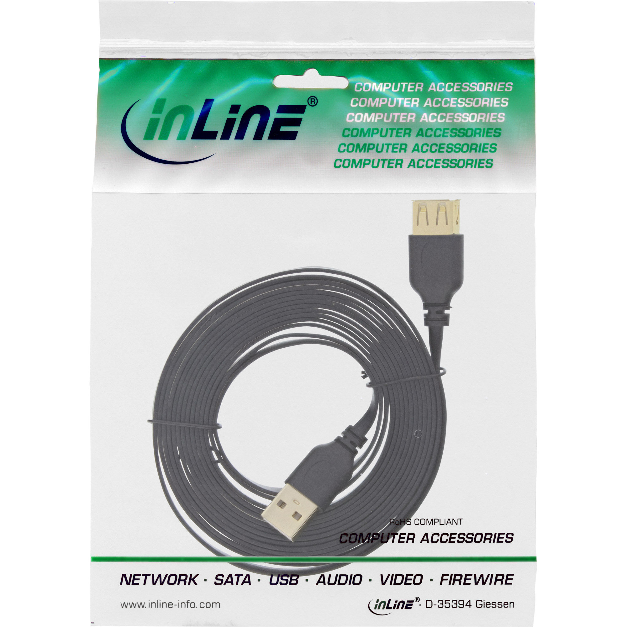 InLine USB 2.0 Flachkabel Verlängerung - A ST / BU - schwarz - Kontakte gold - 3mUSB 2.0 - 3 m - flach - Schwarz