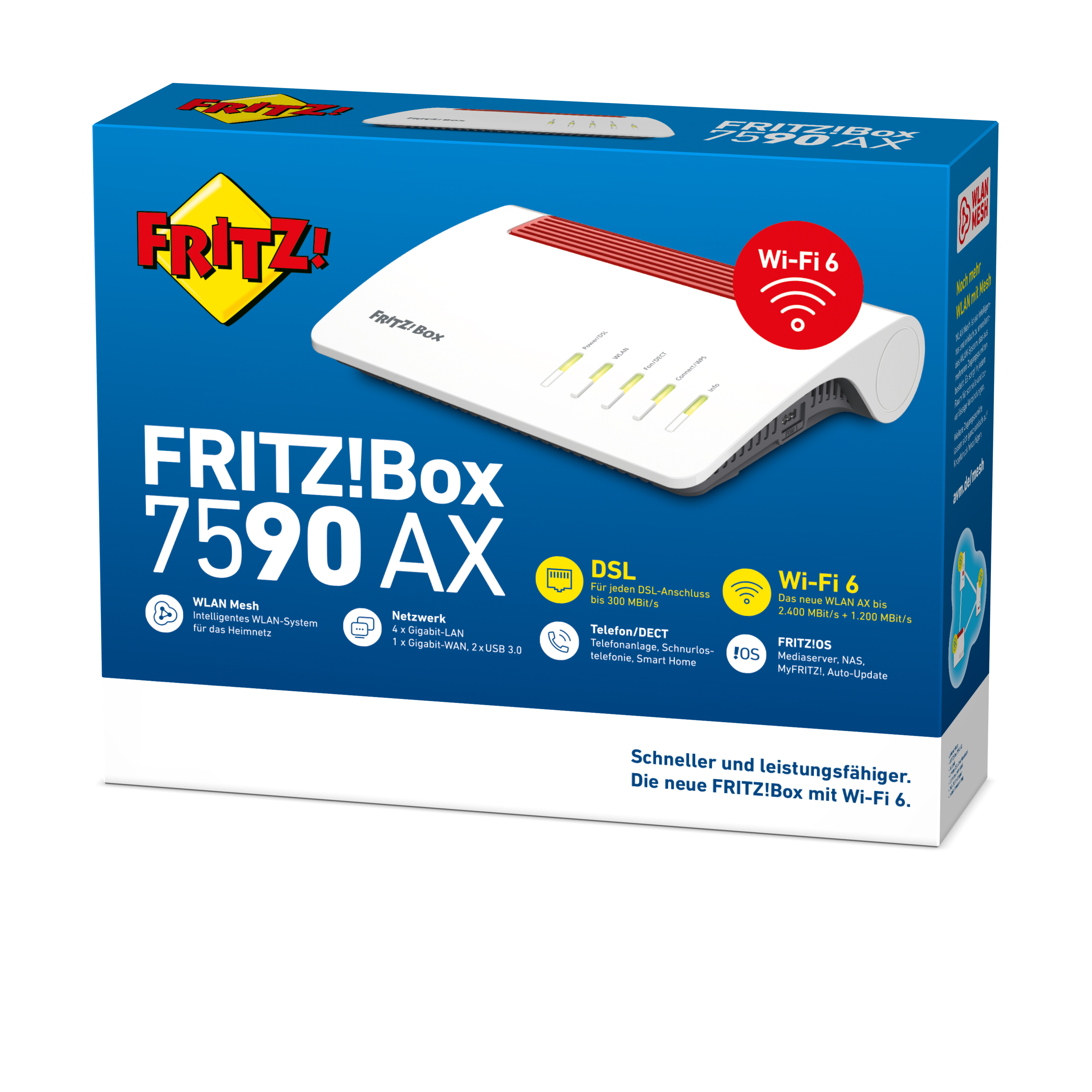 FRITZ! Box 7590 AX, Wi-Fi 6 (802.11ax), Dual-Band (2,4 GHz/5 GHz), Ethernet/LAN, ADSL2+, Weiß, Tabletop-RouterBox 7590 AX High-End Heimnetz mit 4 x 4 Wi-Fi 6 (WLAN AX)