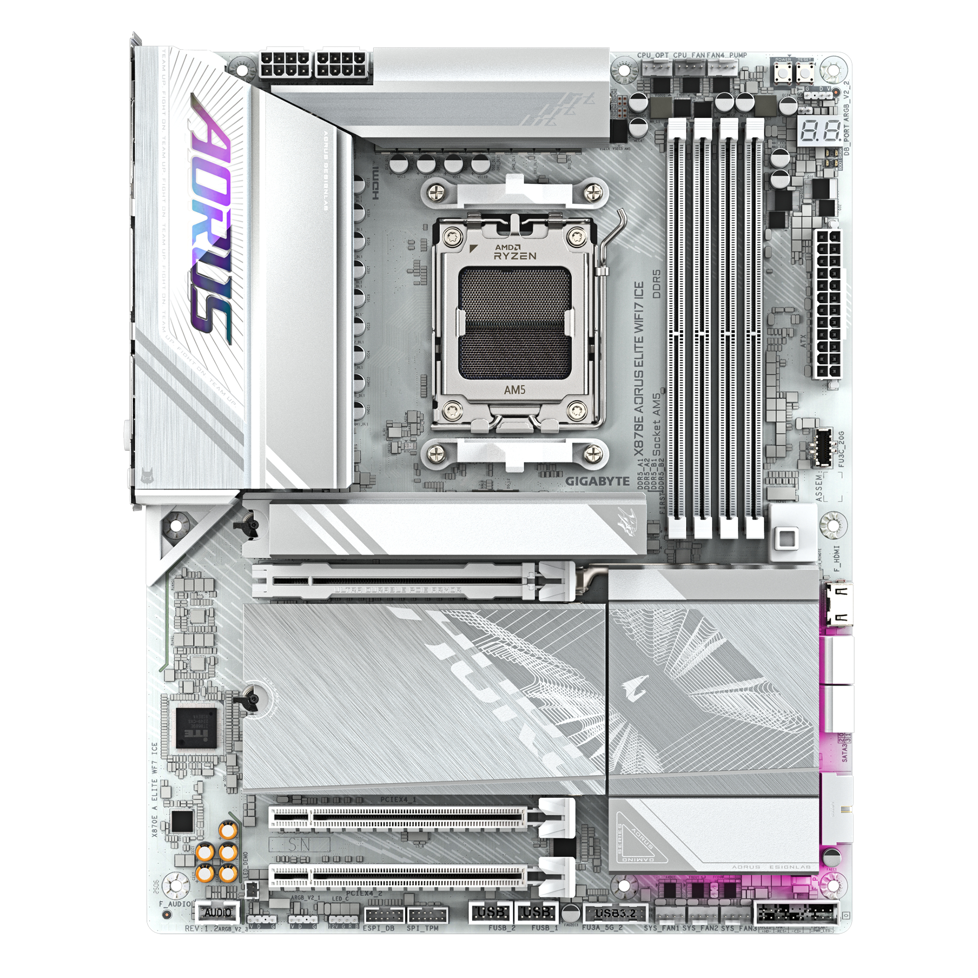 Gigabyte AORUS X870E ELITE WIFI7 ICE - Motherboard - ATX - Socket AM5 - AMD X870E Chipsatz - USB4, USB-C 3.2 Gen 2x2, USB 3.2 Gen 1, USB 3.2 Gen 2 - 2.5 Gigabit LAN, Bluetooth, Wi-Fi 7 - Onboard-Grafi