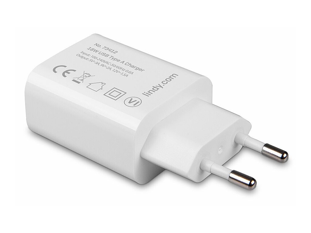 Lindy 73412, Drinnen, Draußen, AC, 12 V, WeißUSB Typ A - 100-240VAC - 50-60Hz 0.6A - 18W - 5V 81.39% - 9V 85% - 12V 85% - Euro-Stecker