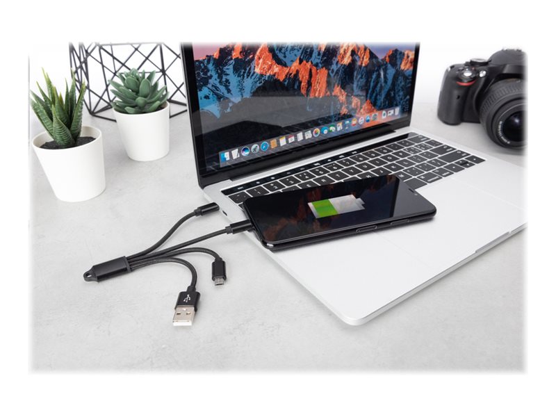 DIGITUS 3-in-1 USB-Ladekabel, 0,15mUSB männlich zu Micro-USB Typ B - Lightning - 24 pin USB-C männlich - 15 cm - Schwarz