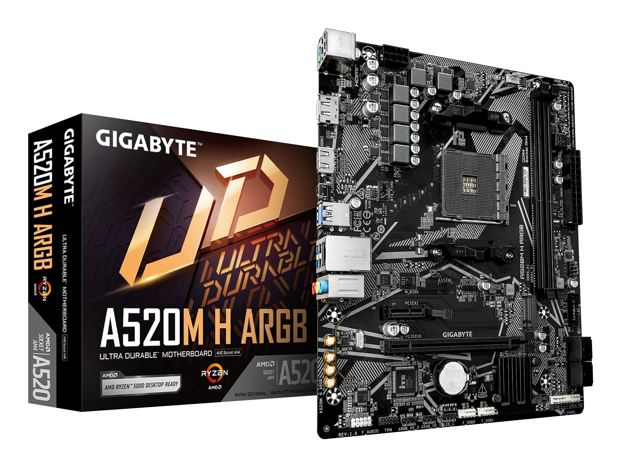 Gigabyte A520M H ARGB Mainboard – Unterstützt AMD Ryzen 5000 Prozessoren, bis zu 5100 MHz DDR4 (OC), PCIe 3.0 x4 M.2, 1-GbE-LAN, USB 3.2 Gen 1, AMD, Sockel AM4, AMD Ryzen 3000 Series, AMD Ryzen 4000 S