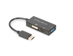 DIGITUS DisplayPort 3in1 Adapter / Konverter - DP - HDMI+DVI+VGAHDMI - DVI-D weiblich - 20 cm - Dreifachisolierung - Schwarz - geformt - 4K Unterstützung