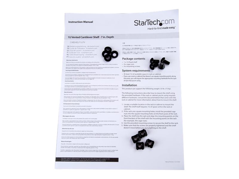 StarTech.com 1 HE Fachboden - Perforiertes Universal Rack Montage Regal für 19 Zoll Netzwerkschränke - Passiv Belüftet - Schwerlast - 20 kg Tragkraft - 18 cm Tiefe Ablage, Schwarz, Regalboden, Stahl,