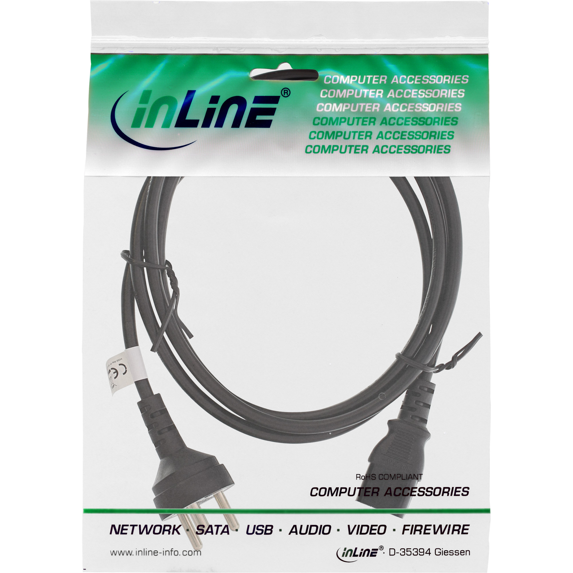 InLine Netzkabel - Netzstecker Dänemark auf Kaltgerätestecker C13 - 3mIEC 60320 C7 - 250 V - 10 A - 3 m - Schwarz - Dänemark