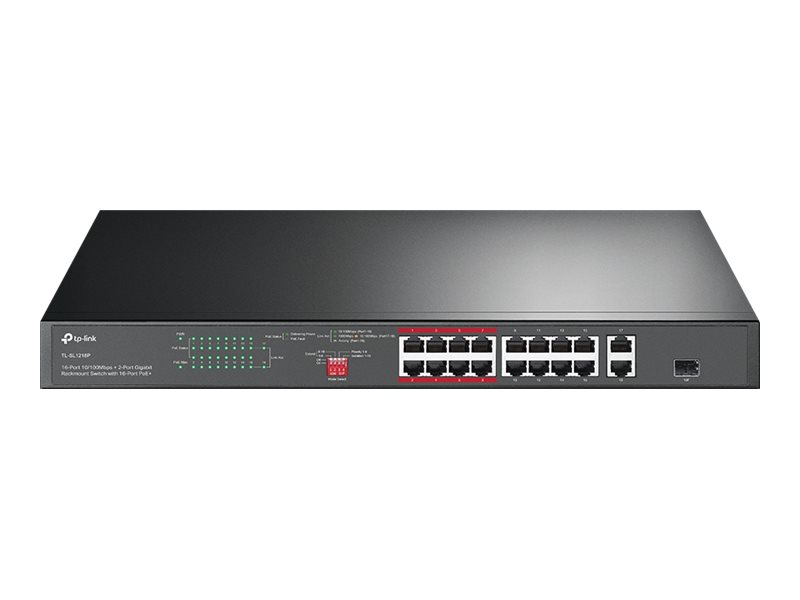 TP-LINK JetStream TL-SL1218P - V1 - Switch - unmanaged - 16 x 10/100 (PoE+)+ 2 x 10/100/1000 + 1 x Kombi-Gigabit-SFP - an Rack montierbar - PoE+ (150 W)