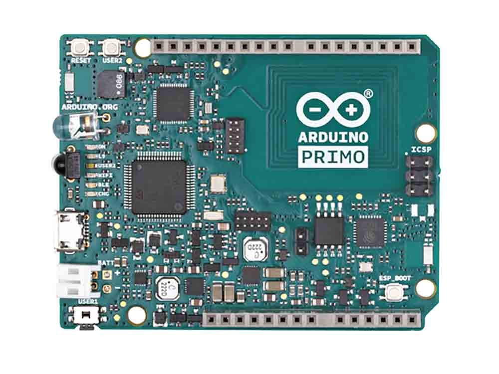 Arduino Primo, ARM Cortex M4F, ESP8266, 64 MHz, 512 KB, 64 KB, ArduinonRF52832+STM32f103+ESP8266 - BLE - NFC - Wi-Fi - micro-USB - ICSP - 2-pin JST-PH
