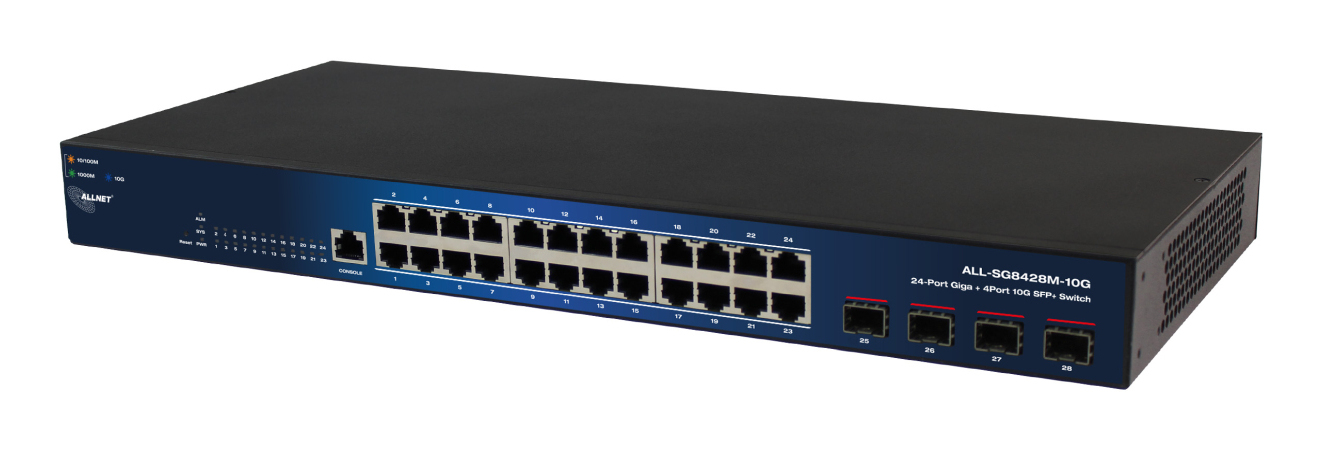 ALLNET 219585, Managed, L2, Gigabit Ethernet (10/100/1000), Vollduplex, Rack-Einbau24x 1Gbps RJ-45 - 4x 10Gbps SFP+ - 10/100/1000Base-T/TX - RTL9301M + RTL8218D x3 - 1GB DDR - 16MB Flash - IEEE802.3,I