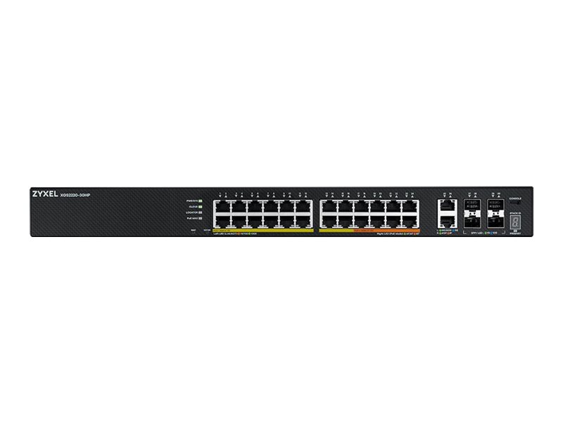 ZyXEL XGS2220 Series XGS2220-30HP - Switch - 24-Port GbE L3 Access, NebulaFLEX Cloud, mit 6 10G Uplink - managed - 16 x 10/100/1000 (PoE+)+ 8 x 10/100/1000 (PoE++) + 2 x 1/2.5/5/10 (PoE++) + 4 x 10 Gi