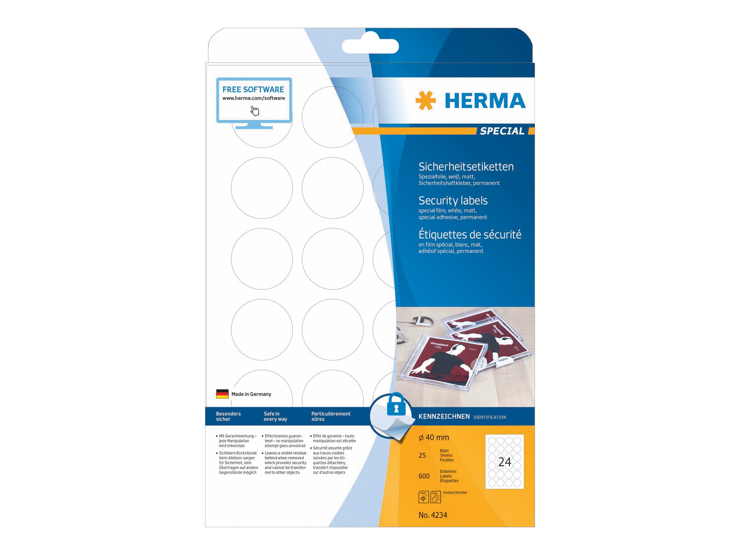 HERMA HSpecial - Weiß - 40 mm rund 600 Etikett(en) (25 Bogen x 24 permanent selbstklebende - matte Etiketten aus Schutz-/Siegelfolie