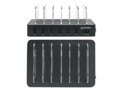 Manhattan Charging Station, 6x USB-A Ports, Outputs: 6x 2.4A, Smart IC, LED Indicator Lights, Black, , Box - Ladestation - 50 Watt - 2.4 A - 6 Ausgabeanschlussstellen (USB)6-Port USB-Ladestation - Sec