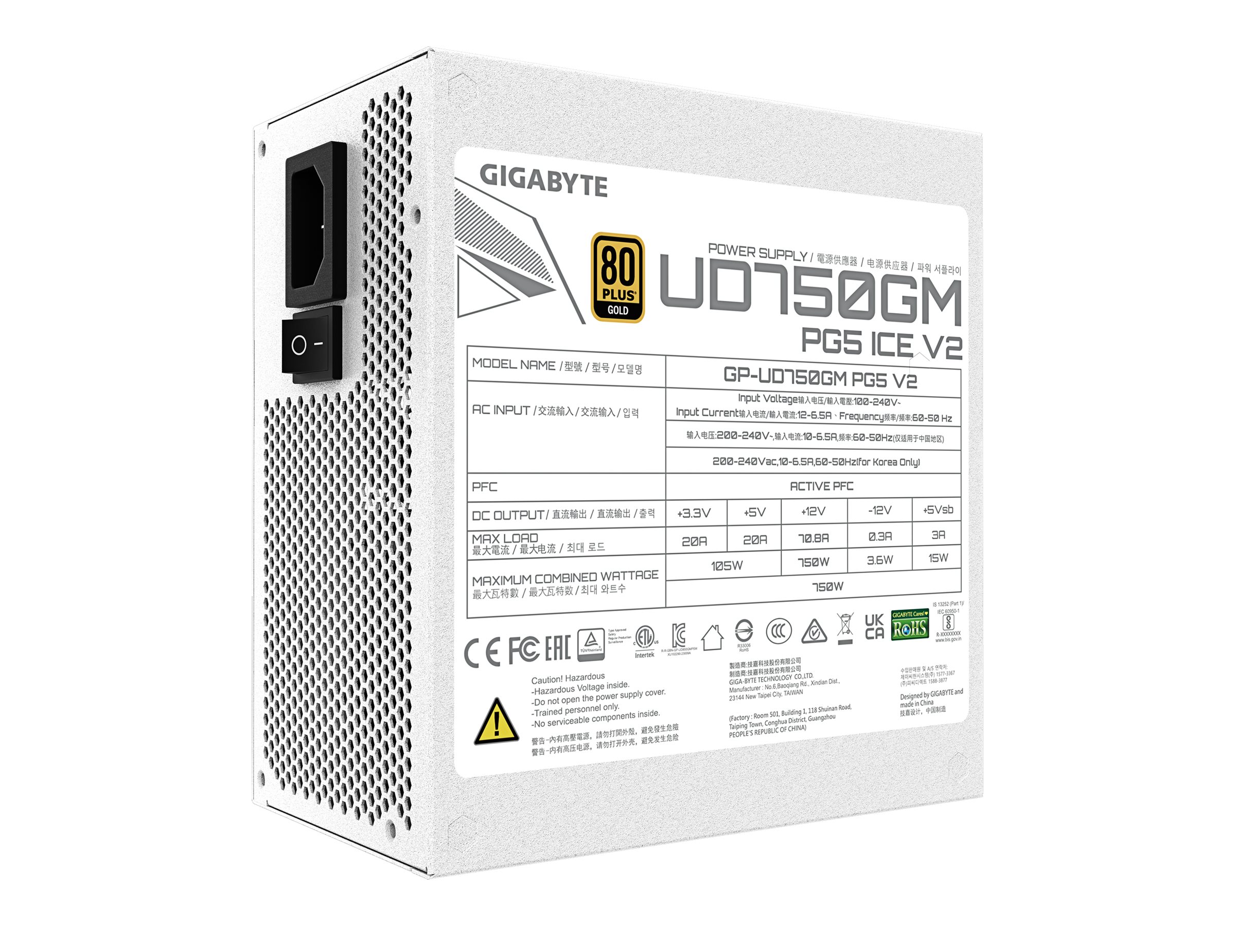 Gigabyte UD750GM PG5 V2 ICE - Netzteil (intern)ATX12V 3.1/ EPS12V - 80 PLUS Gold - Wechselstrom 100-240 V - 750 Watt - aktive PFC