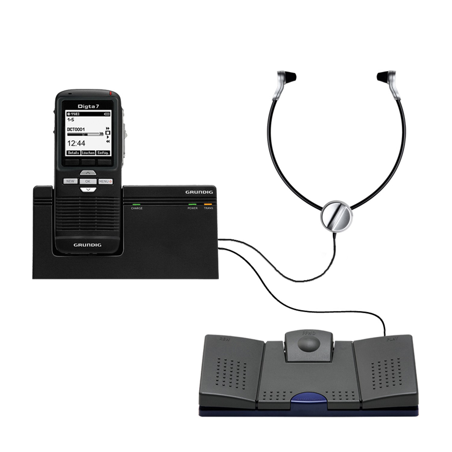 Grundig Digta 7 Stand-Alone Kit, 25 h, Quality Play (QP), Standardwiedergabe (SP), DSS, MP3, WAV, 200 - 7500 Hz, 64 - 192 Kbit/s, LCD