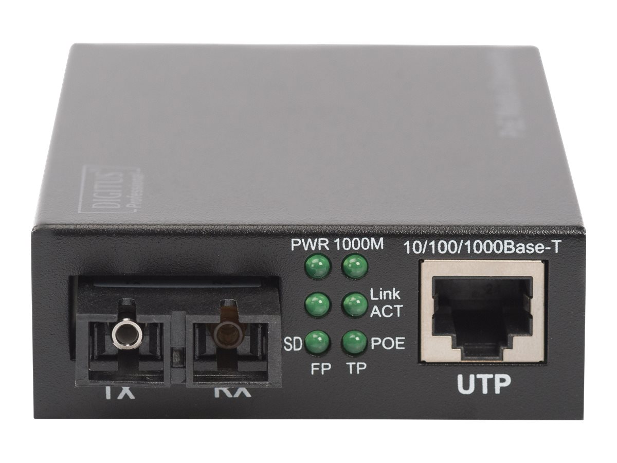 DIGITUS Gigabit PoE Medienkonverter, RJ45 / SC, SM, PSE1GbE - 1000Base-LX - 1000Base-T - 100Base-TX - 10Base-T - SC Single-Modus / RJ-45 - bis zu 20 km - 1310 nm