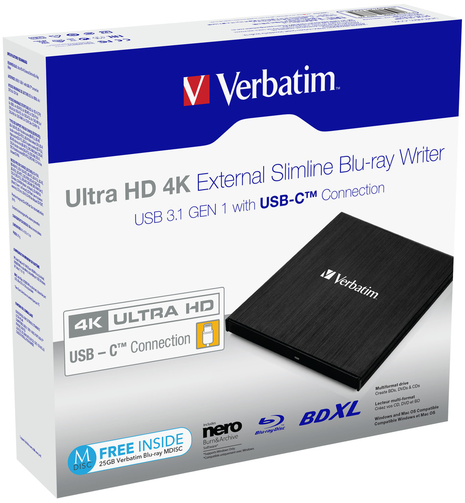 Verbatim Ultra HD 4K - Laufwerk - BDXL Writer - 6x/4x - SuperSpeed USB 3.1 Gen 1 - extern (13,3 cm Slim Line)4xLesegeschwindigkeit - 6xSchreibgeschwindigkeit - BD/BD-R/BD-R/DL/CD/DVD - 133x145x11mm -
