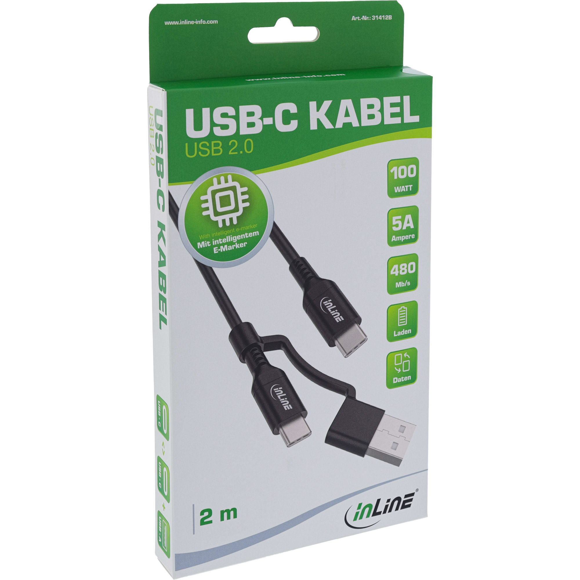 InLine 2-in-1 USB-C Kabel + USB-A Adapter - USB 2.0 - 100W - TPE - schwarz - 2mUSB 2.0 - 2 m - Schwarz