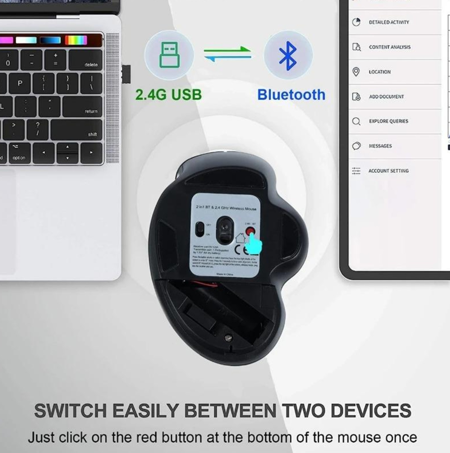 Equip Kabellose Maus mit 6 Tasten und zwei Modi, wiederaufladbar, rechts, Optisch, RF Wireless + Bluetooth, 1600 DPI, SchwarzKabellose Maus mit 6 Tasten und zwei Modi - wiederaufladbar