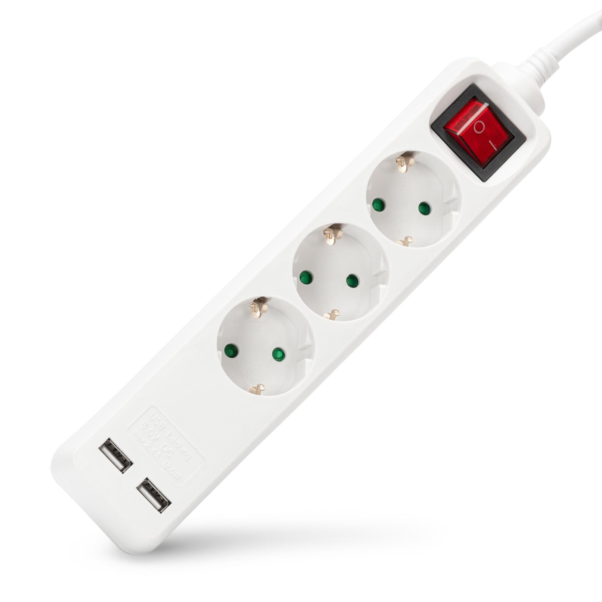 ENTAC Steckdosen-Verlängerungskabel S1 3 Steckdosen mit Schalter 1,5m 3G1,5 2 USB, 1,5 m, Drinnen, IP20, Kunststoff, Metall, Weiß, 3 AC-AusgängeSteckdosen-Verlängerungskabel S1 3 Steckdosen mit Schalt