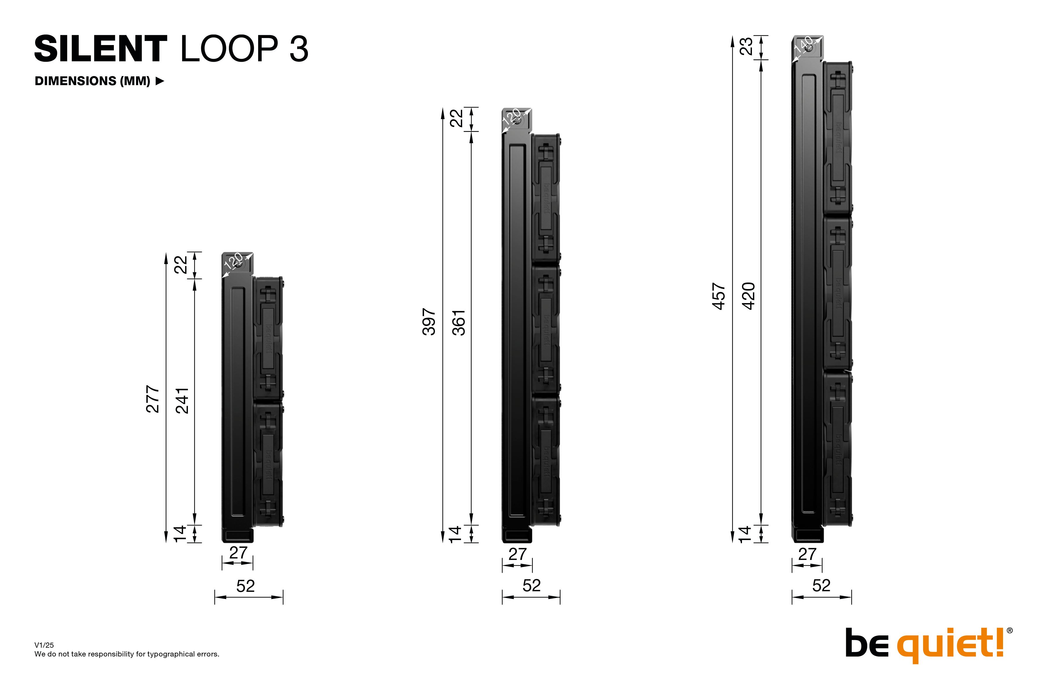 Be Quiet! Silent Loop 3 - Prozessor-Luftkühler - Kühlergröße: 240 mm - (für: LGA1150, LGA1151, LGA1155, LGA1200, LGA1700, LGA1851, AM4, AM5)Kupfer-Bodenplatte und vernickelte Aluminium-Finnen - 120 mm
