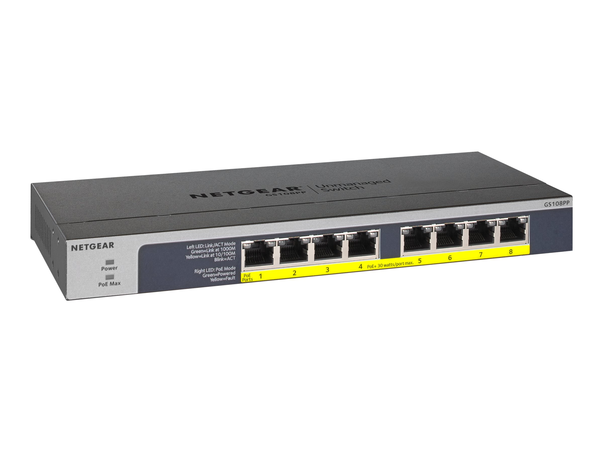 Netgear GS108PP - Switch - 8 x 10/100/1000 (PoE+)Desktop - an Rack montierbar - wandmontierbar - PoE+ (123 W) - Gleichstrom