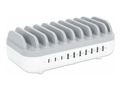 Manhattan Charging Station, 10x Ports: 3x USB-C (up to 18W PD)and 7x USB-A (up to 12W) - 120W Total Output - White/Grey -  - Box - Ladestation - Spannungsversorgung - 120 Watt - Ausgangsanschlüsse: 10