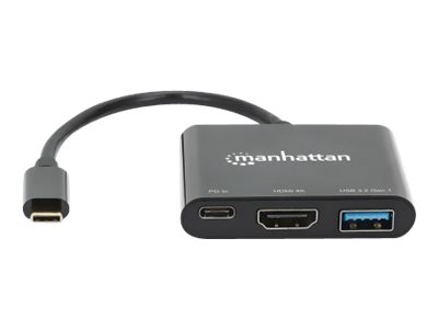 Manhattan USB-C Dock/Hub, Ports (x3): HDMI, USB-A and USB-C, With Power Delivery (100W)to USB-C Port (Note additional USB-C wall charger and USB-C cable needed) - Cable 10cm - Black -  - Retail Box -