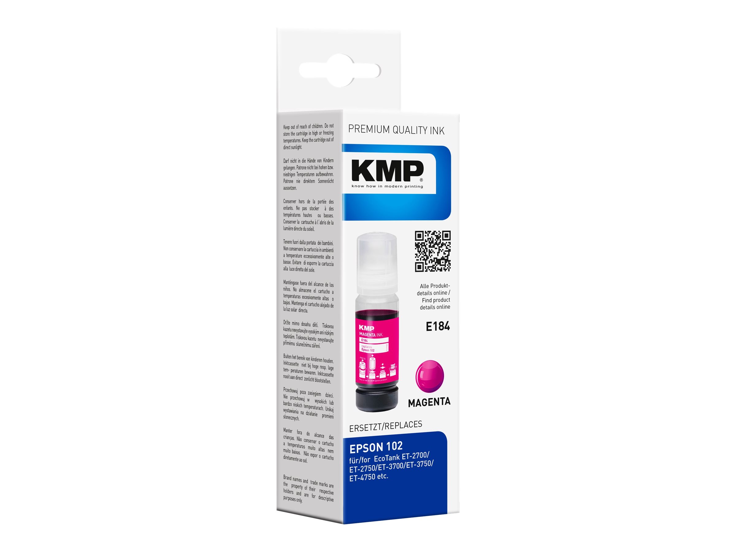 KMP E184 - 70 ml - Magenta - kompatibel - Tintenbehälter (Alternative zu: Epson 102)für Epson EcoTank ET-15000 - 2750 - 2751 - 2850 - 2851 - 2856 - 2955 - 3850 - 4750 - 4850 - 4856 - 4951
