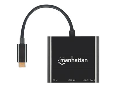 Manhattan USB-C Dock/Hub, Ports (x3): HDMI, USB-A and USB-C, With Power Delivery (100W)to USB-C Port (Note additional USB-C wall charger and USB-C cable needed) - Cable 10cm - Black -  - Retail Box -