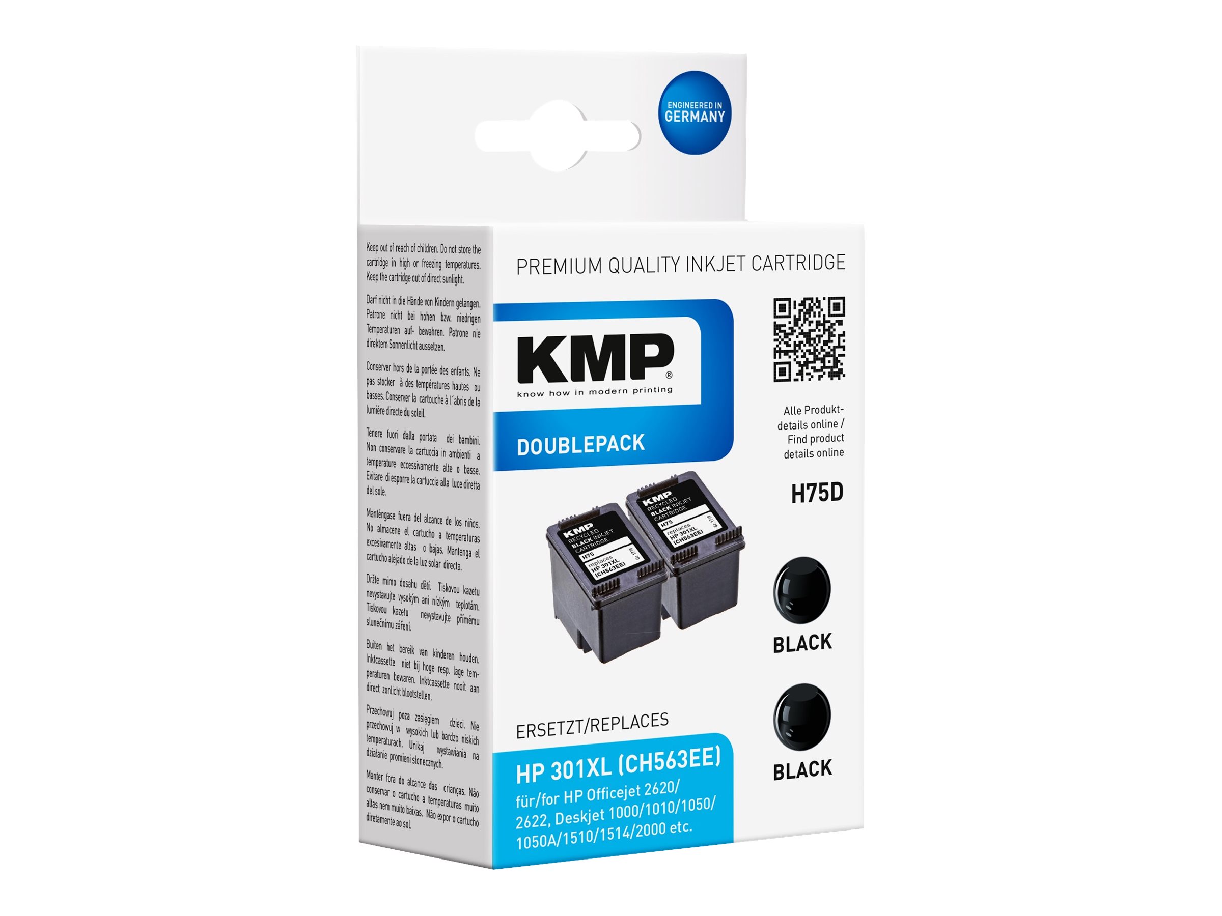 KMP DOUBLEPACK H75D - 2er-Pack - 8 ml - XL - Schwarz - kompatibel - Tintenpatrone (Alternative zu: HP 301XL, HP CH563EE)für HP DeskJet 1000 - 1010 - 1050 AiO - 1050A AiO - 1510 AiO - 2000 - 2050 AiO -