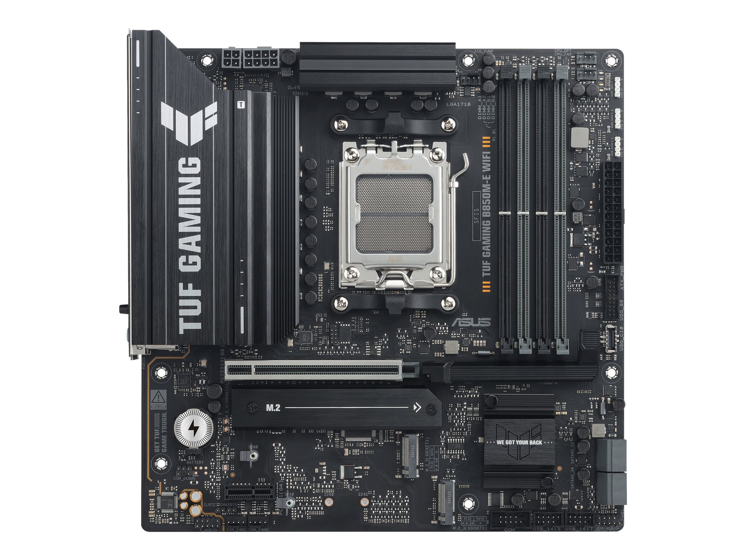 ASUS TUF GAMING B850M-E WIFI - Motherboard - micro ATX - Socket AM5 - AMD B850 Chipsatz - USB-C 3.2 Gen2, USB-C 3.2 Gen 1, USB 3.2 Gen 2, USB 3.2 Gen 1 - Wi-Fi 6E, Bluetooth, 2.5 Gigabit LAN - Onboard