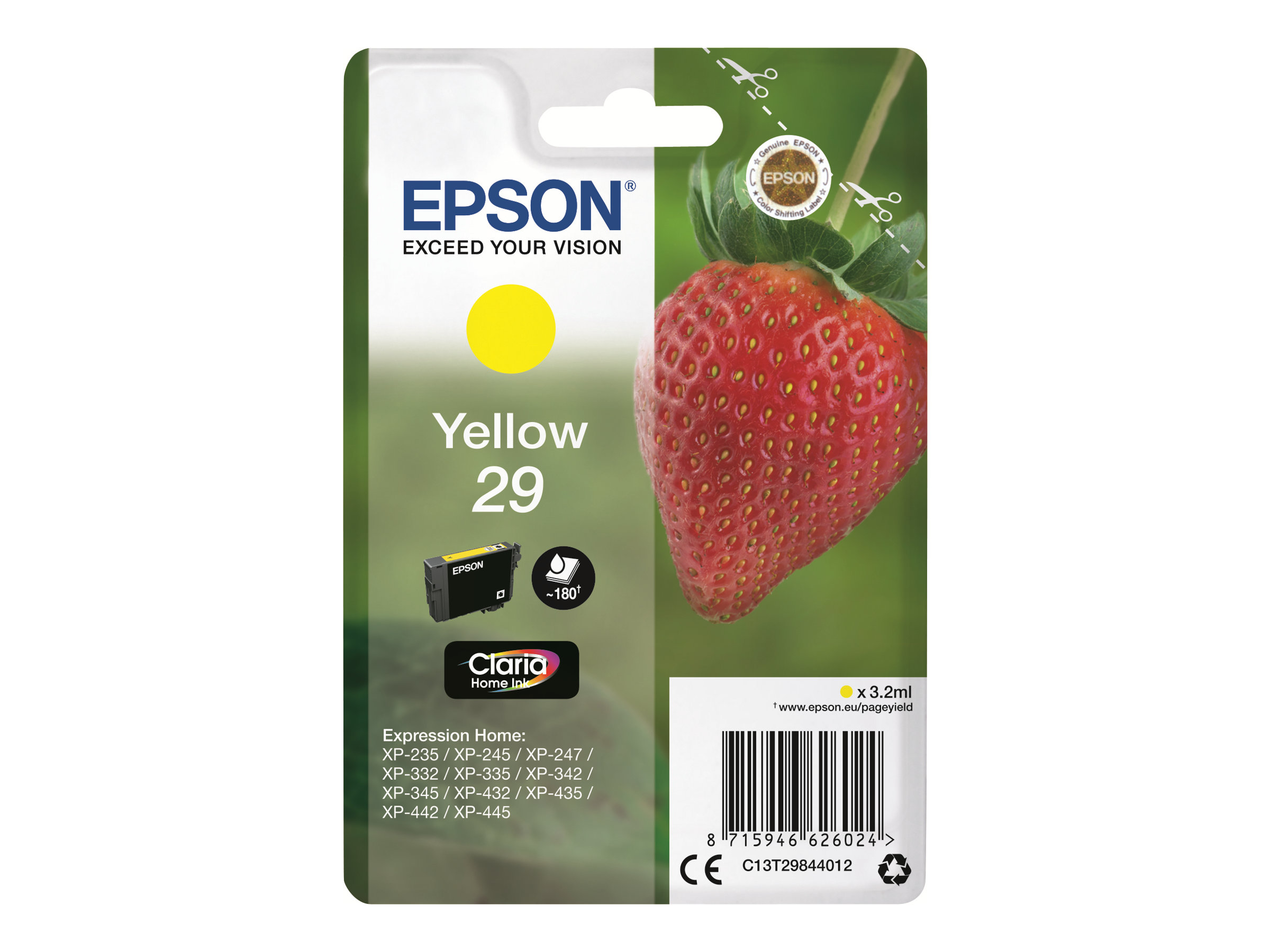 Epson 29 - 3.2 ml - Gelb - original - BlisterverpackungTintenpatrone - für Expression Home XP-245 - 247 - 255 - 257 - 332 - 342 - 345 - 352 - 355 - 435 - 442 - 445 - 452 - 455